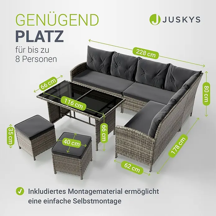 Juskys Loungemöbel-Set Manacor - 4 -tlg., Gestell: Stahl, pulverbeschichtet; Geflecht: Polyrattan; Tischplatten: Sicherheitsglas; Sitzkissen: 100 % Schaumstoff; Bezüge: 100 % Polyester, Farbe Geflecht: Grau-meliertFarbe Bezüge: DunkelgrauStärke Glasplatten: 5 mmAnzahl Sitzkissen: 5Anzahl Rückenkissen: 7Kissenstärke: 5 cmBezüge: 180g/m2, Grau - Geflecht-Gartenlounge-Set mit Ecksofa, Glastisch und zwei Hockern, komplett mit dunkelgrauen Kissen.