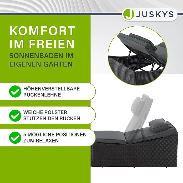 Juskys Gartenliege Lamia - B x T: 60 x 200 cm, Schwarz, Kunststoff, Rückenlehne verstellbar - Dunkelgraue Rattan-Sonnenliege mit verstellbarer Rückenlehne und weichen Polstern, in verschiedenen Liegepositionen dargestellt.