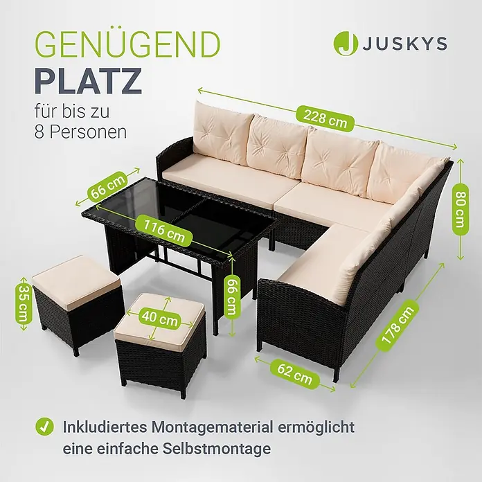 Juskys Loungemöbel-Set Manacor - 5 -tlg., Gestell: Stahl, pulverbeschichtet; Geflecht: Polyrattan; Tischplatten: Sicherheitsglas; Sitzkissen: 100 % Schaumstoff; Bezüge: 100 % Polyester; Abdeckung: 420D Oxford-Gewebe (100 g/m²), PU-Beschichtung, Creme - Schwarze Rattan-Lounge-Garnitur für draußen mit beigen Kissen, bestehend aus Ecksofa, Tisch und zwei Hockern, Platz für bis zu 8 Personen.