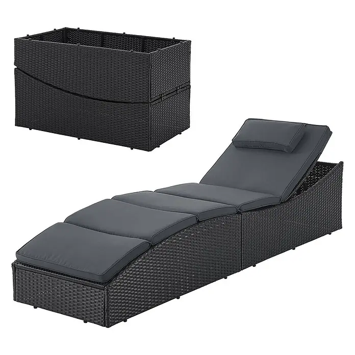 Juskys Gartenliege Lamia - B x T: 60 x 200 cm, Schwarz, Kunststoff, Rückenlehne verstellbar - Schwarze Rattan-Sonnenliege mit grauen Kissen, gezeigt als Liege und kompakte rechteckige Aufbewahrungsbox.