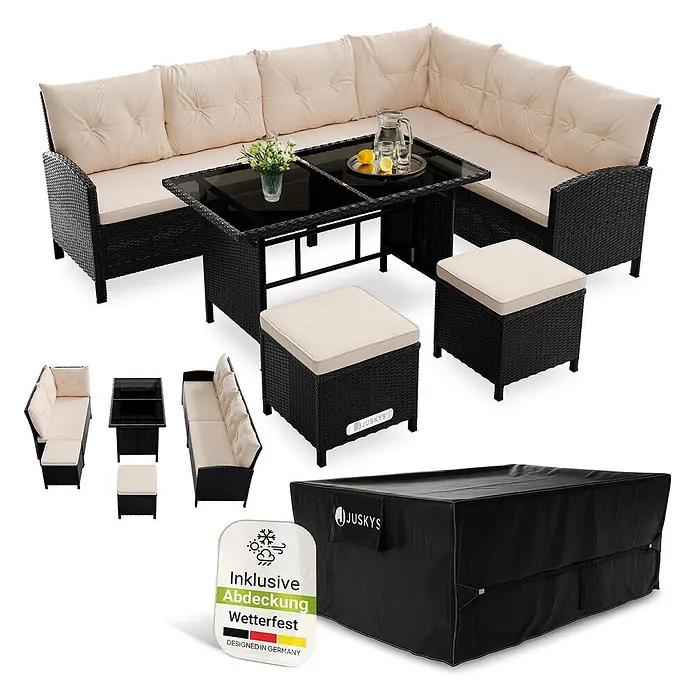 Juskys Loungemöbel-Set Manacor - 5 -tlg., Gestell: Stahl, pulverbeschichtet; Geflecht: Polyrattan; Tischplatten: Sicherheitsglas; Sitzkissen: 100 % Schaumstoff; Bezüge: 100 % Polyester; Abdeckung: 420D Oxford-Gewebe (100 g/m²), PU-Beschichtung, Creme - Schwarzes Polyrattan-Gartenlounge-Set mit beigen Kissen, Glastisch, zwei Hockern und wetterfester Schutzhülle.