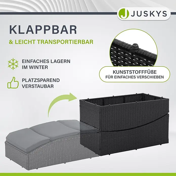Juskys Gartenliege Lamia - B x T: 60 x 200 cm, Schwarz, Kunststoff, Rückenlehne verstellbar - Dunkelgraue Rattan-Gartenliege, die von einer ausgeklappten Form in einen kompakten, stapelbaren Block umgewandelt wird.