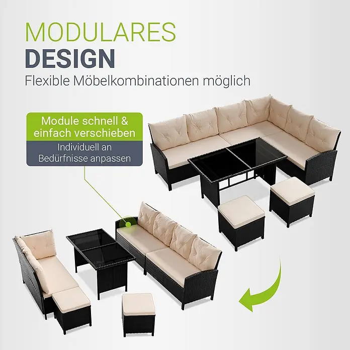 Juskys Loungemöbel-Set Manacor - 5 -tlg., Gestell: Stahl, pulverbeschichtet; Geflecht: Polyrattan; Tischplatten: Sicherheitsglas; Sitzkissen: 100 % Schaumstoff; Bezüge: 100 % Polyester; Abdeckung: 420D Oxford-Gewebe (100 g/m²), PU-Beschichtung, Creme - Modulares Gartenmöbelset aus schwarzem Polyrattan mit beigen Kissen, flexibel in L-Form und als Einzelmodule gezeigt.