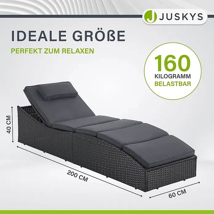 Juskys Gartenliege Lamia - B x T: 60 x 200 cm, Schwarz, Kunststoff, Rückenlehne verstellbar - Dunkelgraue Rattan-Sonnenliege mit Kissen, 200x60x40 cm, ideal zum Entspannen. Tragfähigkeit 160 kg.
