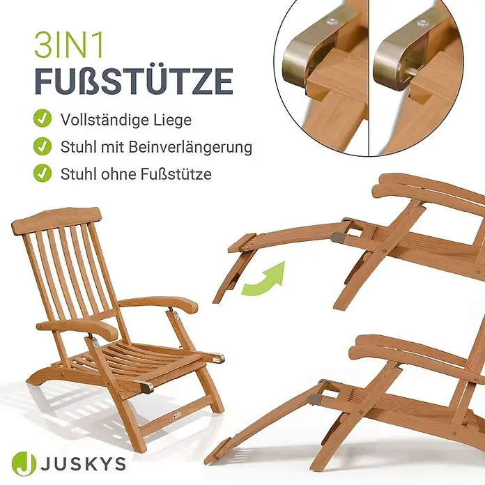 Juskys Gartenliege Evia - B x T: 54 x 196 cm, Natur, Holz, Klappbar - Vielseitiger Holzgartenstuhl mit 3-in-1-Fußstütze, wandelbar vom Liegestuhl zum Stuhl mit oder ohne Beinverlängerung.