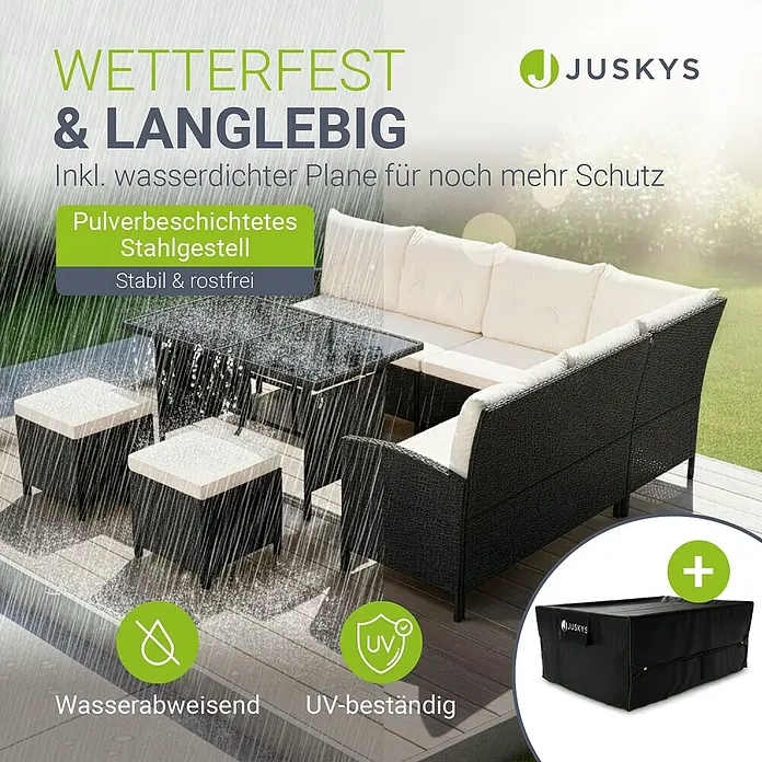 Juskys Loungemöbel-Set Manacor - 5 -tlg., Gestell: Stahl, pulverbeschichtet; Geflecht: Polyrattan; Tischplatten: Sicherheitsglas; Sitzkissen: 100 % Schaumstoff; Bezüge: 100 % Polyester; Abdeckung: 420D Oxford-Gewebe (100 g/m²), PU-Beschichtung, Creme - Dunkle Outdoor-Lounge- und Essgruppe mit hellen Kissen auf einer Terrasse, mit Regenfall. Inkl. schwarzer, wasserdichter Abdeckung, die Wetterfestigkeit betont.
