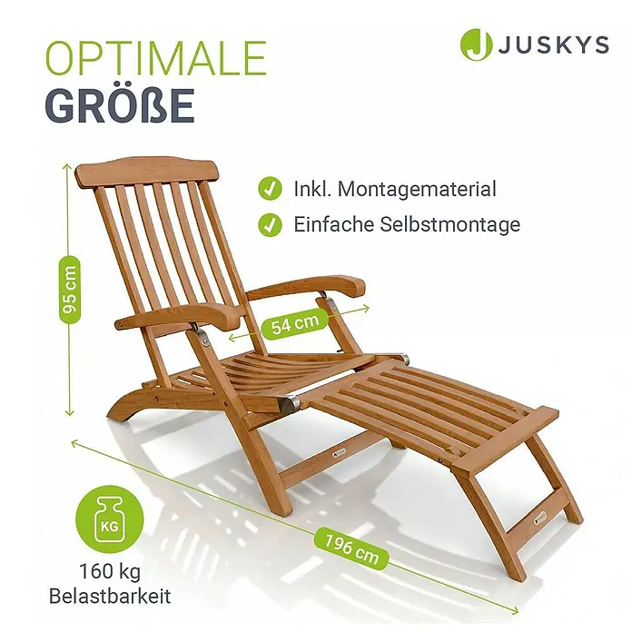 Juskys Gartenliege Evia - B x T: 54 x 196 cm, Natur, Holz, Klappbar - Verstellbare hellbraune Holz-Sonnenliege mit Maßen (95 cm hoch, 196 cm lang, 54 cm breit) und 160 kg Tragfähigkeit.