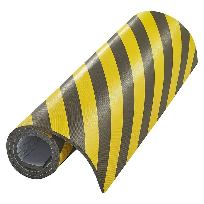 Mottez Schaumstoffmatte - L x B: 150 x 100 cm, Stärke: 1 cm - Eine Rolle Warnmarkierungsband mit gelb-schwarzen diagonalen Streifen für Sicherheitsanwendungen.