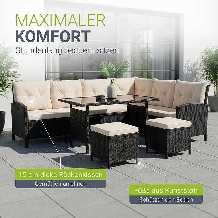 Juskys Loungemöbel-Set Manacor - 5 -tlg., Gestell: Stahl, pulverbeschichtet; Geflecht: Polyrattan; Tischplatten: Sicherheitsglas; Sitzkissen: 100 % Schaumstoff; Bezüge: 100 % Polyester; Abdeckung: 420D Oxford-Gewebe (100 g/m²), PU-Beschichtung, Creme - Schwarze Rattan-Gartenlounge mit beigen Kissen, bestehend aus Ecksofa, Tisch und zwei Hockern.
