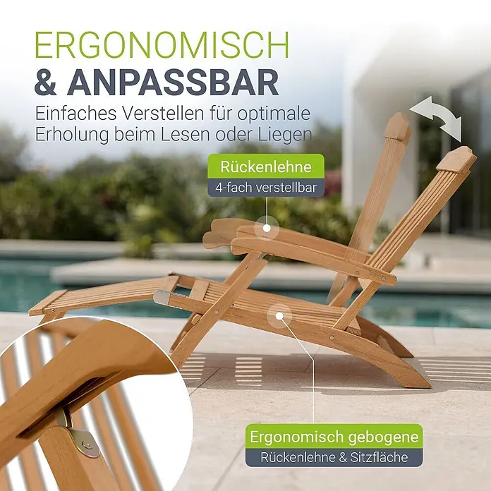 Juskys Gartenliege Evia - B x T: 54 x 196 cm, Natur, Holz, Klappbar - Verstellbarer, hellbrauner Holzliegestuhl am Pool, mit ergonomischer und neigbarer Rückenlehne.