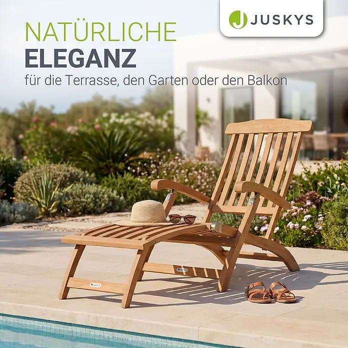 Juskys Gartenliege Evia - B x T: 54 x 196 cm, Natur, Holz, Klappbar - Verstellbare Holzliege im Lamellendesign, ideal für Garten oder Terrasse, neben einem Pool.