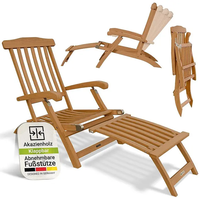 Juskys Gartenliege Evia - B x T: 54 x 196 cm, Natur, Holz, Klappbar - Heller Akazienholz Gartenstuhl mit verstellbarer Rückenlehne und abnehmbarer Fußstütze, zusammengeklappt und ausgeklappt dargestellt.