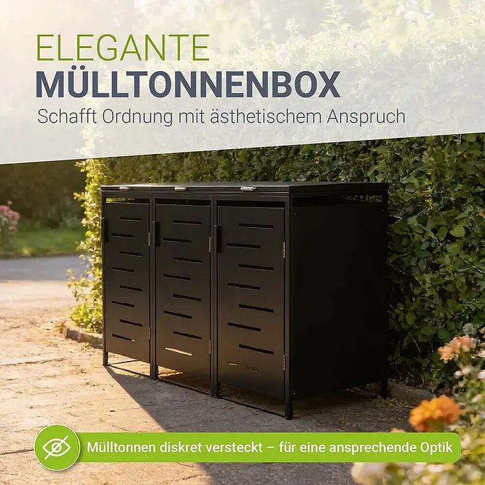 Juskys Mülltonnenbox Arel - 204 x 80 cm, Metall, Anthrazit, Geeignet für Anzahl Mülltonnen: 3 Stk. - Schwarze Metall-Mülltonnenbox im Freien, die Abfallbehälter diskret versteckt.