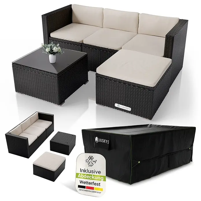 Juskys Loungemöbel-Set Punta Cana - 4 -tlg., Gestell: Stahl, pulverbeschichtet; Geflecht: Polyrattan; Sitz- und Rückenkissen: Polyester, Schaumstoff; Glasplatte: Sicherheitsglas; Abdeckung: 420D Oxford-Gewebe (100 g/m²), PU-Beschichtung, Creme - Dunkelbraune Rattan-Gartenloungegarnitur mit beigen Kissen, Glastisch, Hocker und wetterfester Abdeckung.