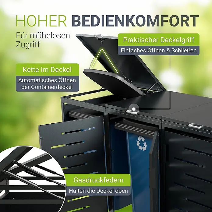 Juskys Mülltonnenbox Arel - 204 x 80 cm, Metall, Anthrazit, Geeignet für Anzahl Mülltonnen: 3 Stk. - Schwarze Metall-Mülltonnenbox mit geöffnetem Deckel, zeigt eine blaue Recyclingtonne und Gasdruckfedern für einfachen Zugriff.