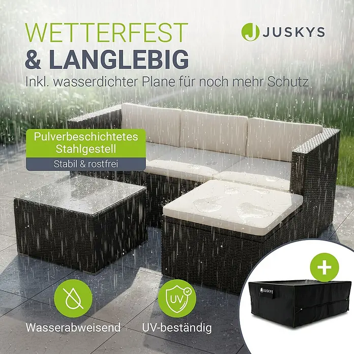 Juskys Loungemöbel-Set Punta Cana - 4 -tlg., Gestell: Stahl, pulverbeschichtet; Geflecht: Polyrattan; Sitz- und Rückenkissen: Polyester, Schaumstoff; Glasplatte: Sicherheitsglas; Abdeckung: 420D Oxford-Gewebe (100 g/m²), PU-Beschichtung, Creme - JUSKYS Gartenlounge-Set aus dunklem Polyrattan mit hellen Kissen, wetterfest und stabil, inklusive Schutzplane.