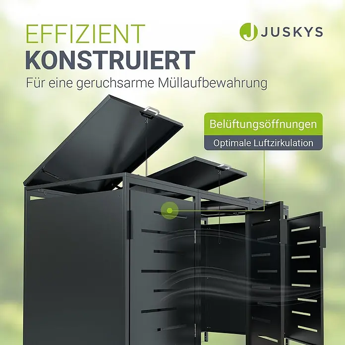 Juskys Mülltonnenbox Arel - 204 x 80 cm, Metall, Anthrazit, Geeignet für Anzahl Mülltonnen: 3 Stk. - Dunkelgraue Metall-Mülltonnenbox mit Lüftungsschlitzen für optimale Luftzirkulation.