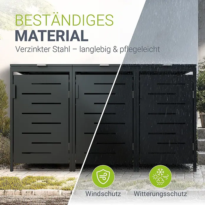Juskys Mülltonnenbox Arel - 204 x 80 cm, Metall, Anthrazit, Geeignet für Anzahl Mülltonnen: 3 Stk. - Dunkelgraue Mülltonnenbox aus verzinktem Stahl, langlebig und wetterbeständig für den Außenbereich.