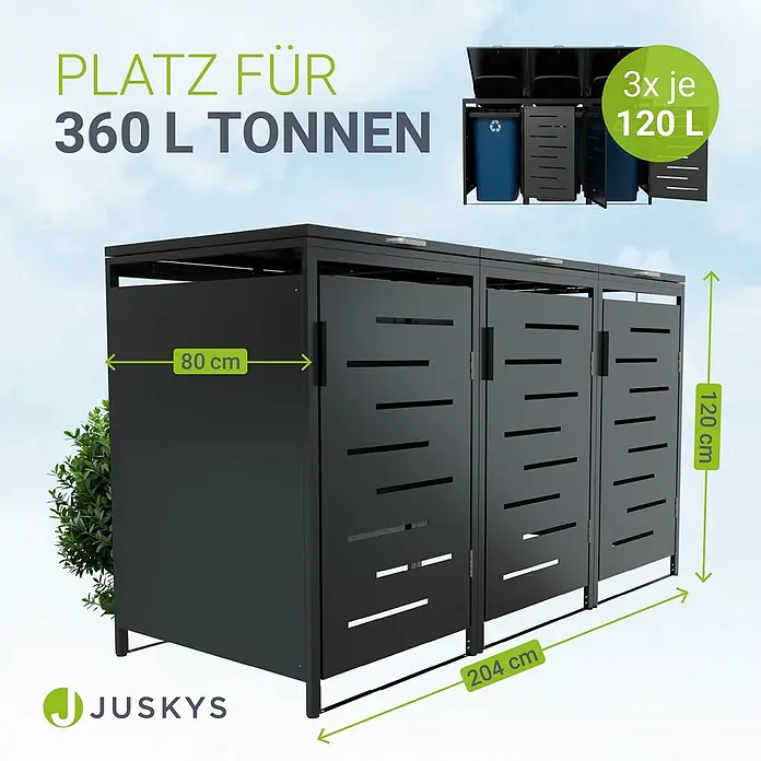 Juskys Mülltonnenbox Arel - 204 x 80 cm, Metall, Anthrazit, Geeignet für Anzahl Mülltonnen: 3 Stk. - Dunkelgraue Metall-Mülltonnenbox für 3x 120L (360L) Tonnen, Maße 204x120x80cm.