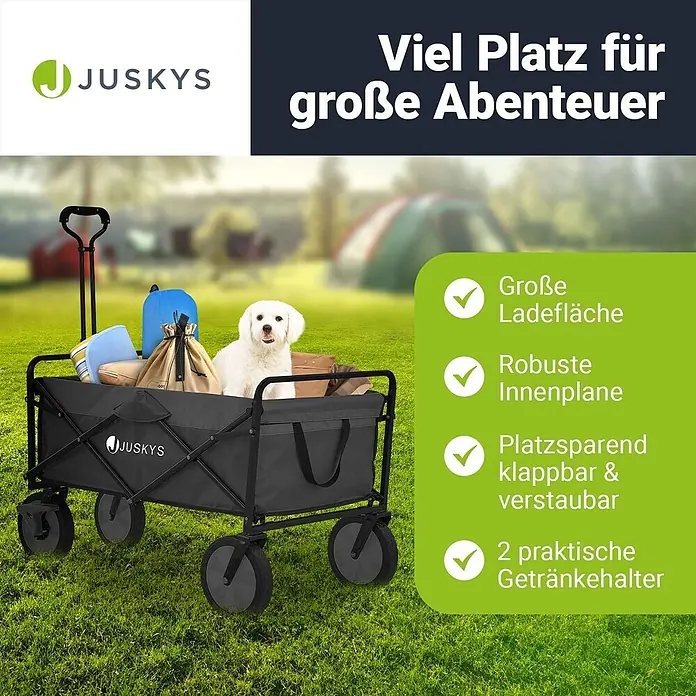 Juskys Bollerwagen Bollerwagen - L x B x H: 47 x 90 x 102 cm, Traglast: 100 kg, Kunststoff - Ein schwarzer JUSKYS Faltwagen, beladen mit Campingausrüstung und einem Hund auf Gras, deutet auf Outdoor-Abenteuer hin.