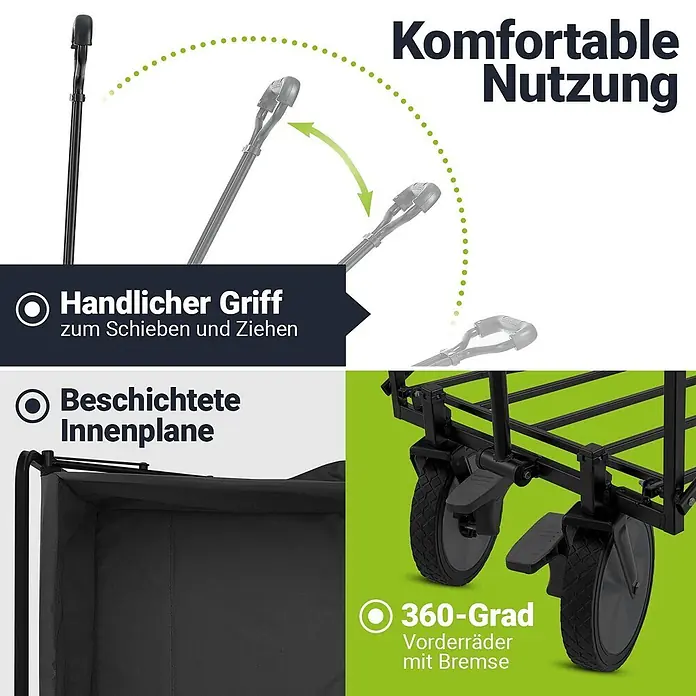 Juskys Bollerwagen Bollerwagen - L x B x H: 47 x 90 x 102 cm, Traglast: 100 kg, Kunststoff - Schwarzer Faltwagen mit verstellbarem Griff, beschichteter Innenplane und 360-Grad-Vorderrädern mit Bremse.
