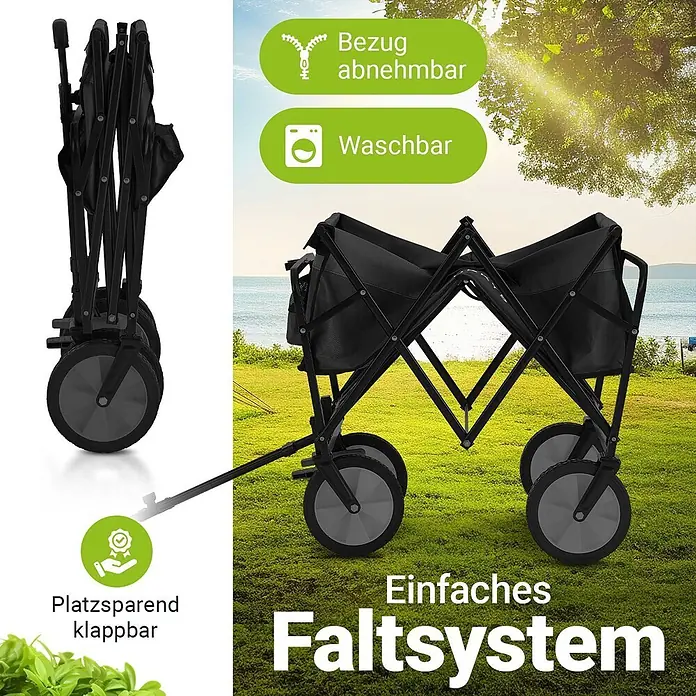 Juskys Bollerwagen Bollerwagen - L x B x H: 47 x 90 x 102 cm, Traglast: 100 kg, Kunststoff - Schwarzer Faltbollerwagen, kompakt zusammengeklappt und teilweise geöffnet dargestellt, der sein einfaches und platzsparendes Faltsystem hervorhebt.
