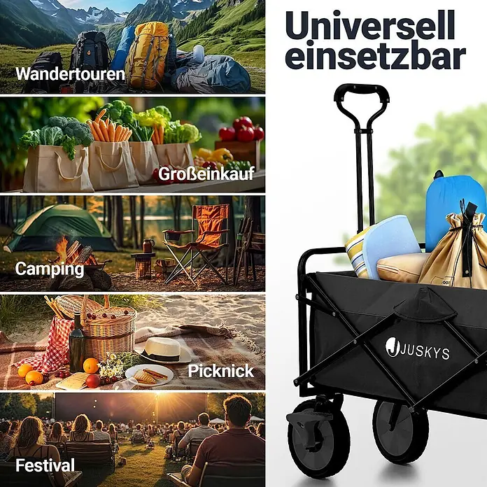 Juskys Bollerwagen Bollerwagen - L x B x H: 47 x 90 x 102 cm, Traglast: 100 kg, Kunststoff - Schwarzer Faltwagen für vielseitigen Einsatz, transportiert Gegenstände für Wandern, Einkauf, Camping, Picknick, Festival.