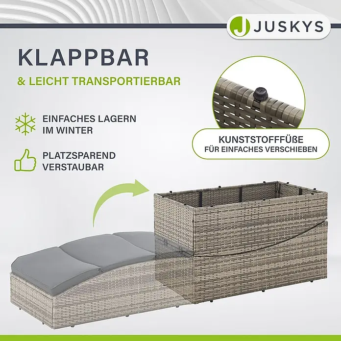Juskys Gartenliege Lamia - B x T: 60 x 200 cm, Grau, Kunststoff, Rückenlehne verstellbar - Faltbares Lounge-Sofa in Rattan-Optik mit grauen Kissen, das sich platzsparend zu einer Aufbewahrungsbox zusammenklappen lässt.