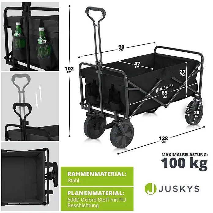 Juskys Bollerwagen Bollerwagen - L x B x H: 47 x 90 x 102 cm, Traglast: 100 kg, Kunststoff - Schwarzer Faltwagen mit Stahlrahmen und Oxford-Gewebe, ausgeklappt mit Maßen und 100 kg Tragkraft.