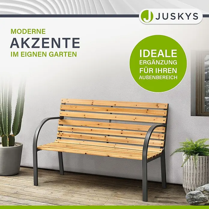 Juskys Gartenbank Gartenbank Modena - B x T x H: 120 x 62 x 82 cm, Holz, Braun - Gartenbank aus Holz mit dunkelgrauem Metallrahmen und Armlehnen, auf einer Terrasse im Freien.