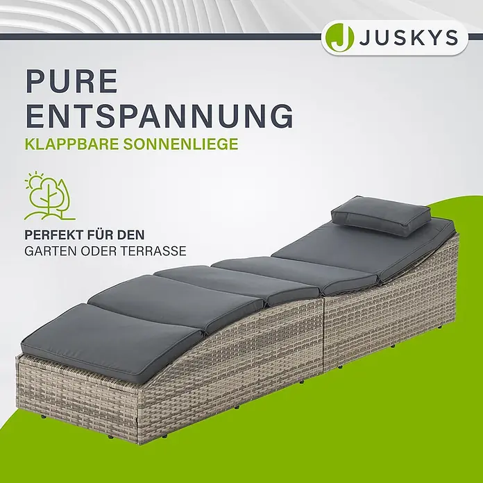Juskys Gartenliege Lamia - B x T: 60 x 200 cm, Grau, Kunststoff, Rückenlehne verstellbar - Klappbare Sonnenliege mit hellgrauem Rattan-Gestell und dunkelgrauen Kissen, ideal für Garten oder Terrasse.