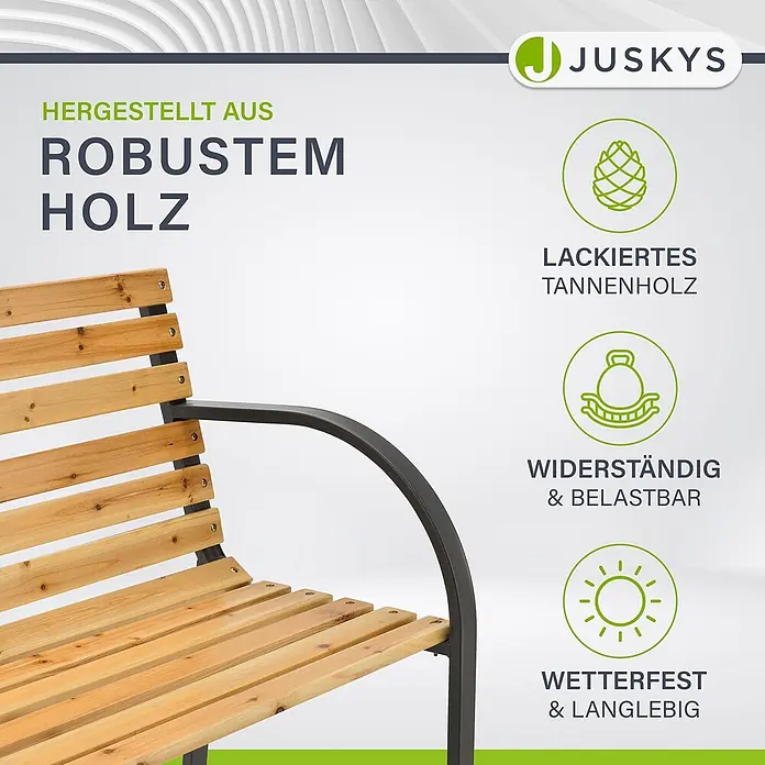 Juskys Gartenbank Gartenbank Modena - B x T x H: 120 x 62 x 82 cm, Holz, Braun - Robuste Gartenbank mit hellen Holzlatten und dunklen Metallarmlehnen.