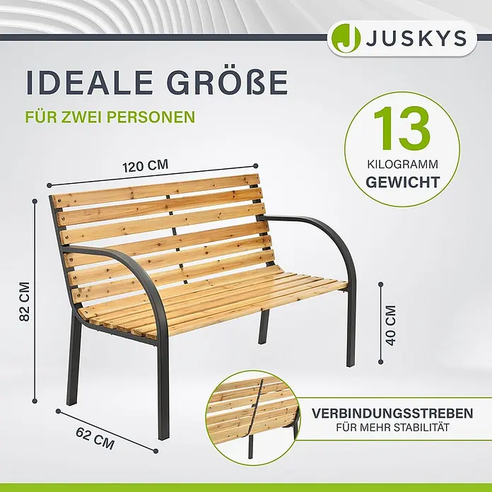 Juskys Gartenbank Gartenbank Modena - B x T x H: 120 x 62 x 82 cm, Holz, Braun - Gartenbank aus Holzlamellen mit dunklem Metallrahmen, 120x82x62 cm groß, Sitzhöhe 40 cm, für zwei Personen, mit Stabilisierungsstreben.