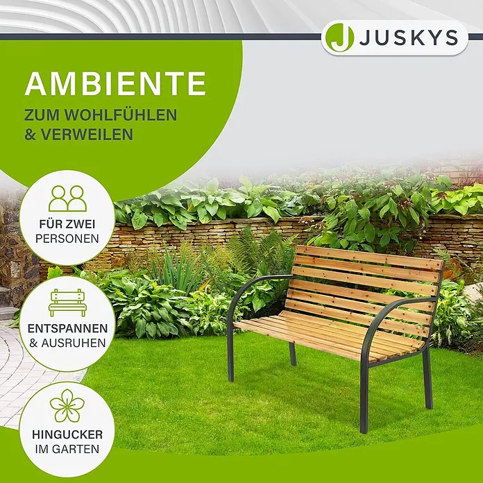 Juskys Gartenbank Gartenbank Modena - B x T x H: 120 x 62 x 82 cm, Holz, Braun - Holzgartenbank mit dunklem Metallrahmen, für zwei Personen.