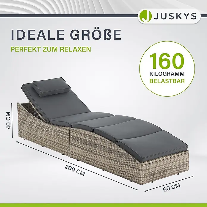 Juskys Gartenliege Lamia - B x T: 60 x 200 cm, Grau, Kunststoff, Rückenlehne verstellbar - Braune Rattan-Sonnenliege mit grauen Kissen, 200x60x40 cm groß und bis 160 kg belastbar.