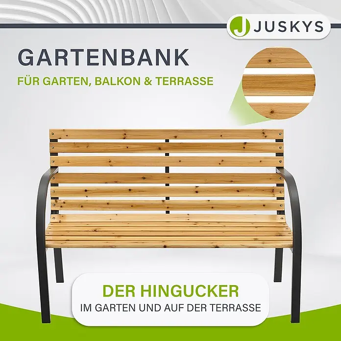 Juskys Gartenbank Gartenbank Modena - B x T x H: 120 x 62 x 82 cm, Holz, Braun - Gartenbank aus Holz mit natürlichen Holzlatten und schwarzem Metallrahmen, ideal für Garten, Balkon und Terrasse.
