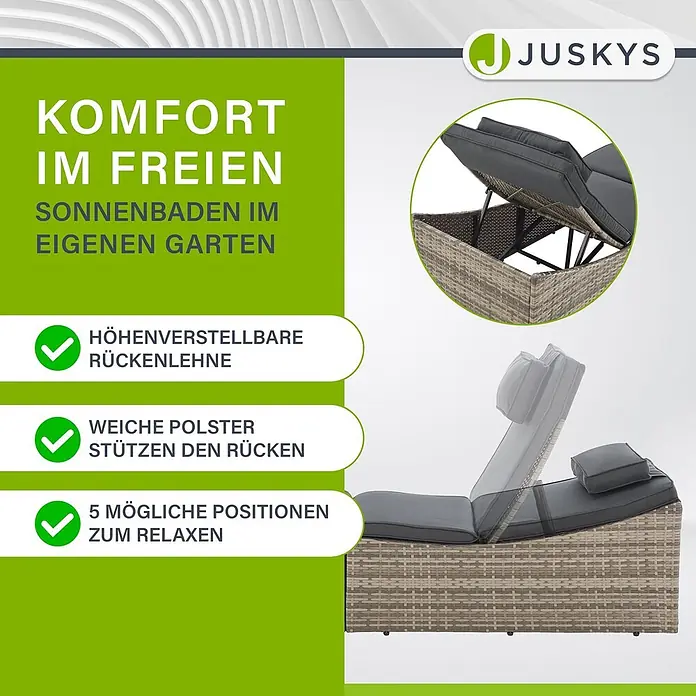 Juskys Gartenliege Lamia - B x T: 60 x 200 cm, Grau, Kunststoff, Rückenlehne verstellbar - Geflochtene Outdoor-Sonnenliege mit grauen Kissen und verstellbarer Rückenlehne.