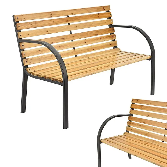 Juskys Gartenbank Gartenbank Modena - B x T x H: 120 x 62 x 82 cm, Holz, Braun - Eine Gartenbank aus Holzlatten mit schwarzem Metallrahmen und Armlehnen für den Außenbereich.