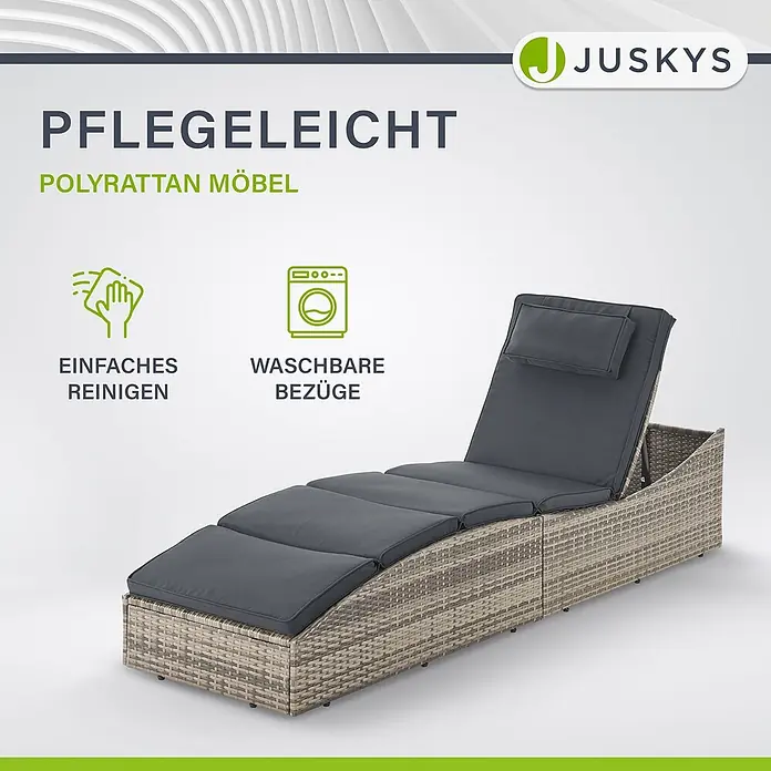 Juskys Gartenliege Lamia - B x T: 60 x 200 cm, Grau, Kunststoff, Rückenlehne verstellbar - Pflegeleichte graue Polyrattan-Sonnenliege mit dunkelgrauen Auflagen.