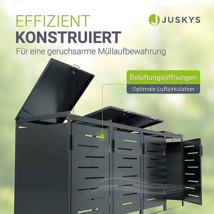 Juskys Mülltonnenbox Arel - 272 x 80 cm, Metall, Anthrazit, Geeignet für Anzahl Mülltonnen: 4 Stk. - Dunkelgraue Mülltonnenbox aus Metall mit Lamellenlüftung für optimale Luftzirkulation und geruchsarme Müllaufbewahrung.