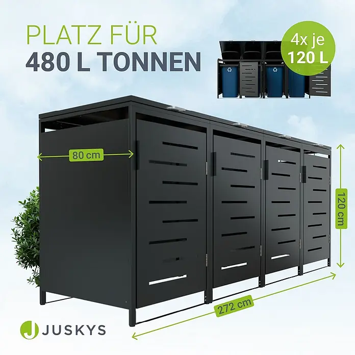 Juskys Mülltonnenbox Arel - 272 x 80 cm, Metall, Anthrazit, Geeignet für Anzahl Mülltonnen: 4 Stk. - Dunkelgraue 4-fach Mülltonnenbox, 272x80x120 cm, für 4x 120L Mülltonnen.