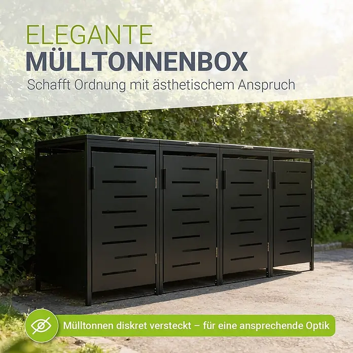 Juskys Mülltonnenbox Arel - 272 x 80 cm, Metall, Anthrazit, Geeignet für Anzahl Mülltonnen: 4 Stk. - Schwarze Mülltonnenbox aus Metall mit Lamellentüren, die diskret mehrere Tonnen im Garten verbirgt.