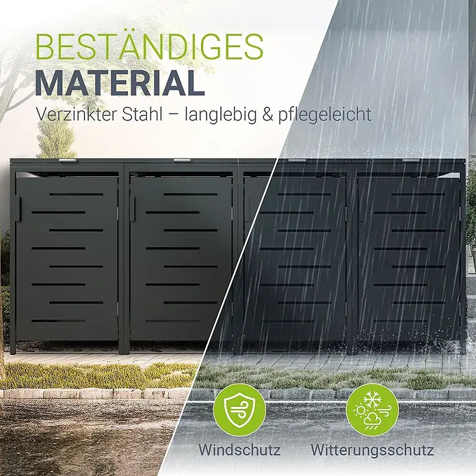 Juskys Mülltonnenbox Arel - 272 x 80 cm, Metall, Anthrazit, Geeignet für Anzahl Mülltonnen: 4 Stk. - Dunkelgraue Mülltonnenbox aus verzinktem Stahl für den Außenbereich, bietet Wind- und Wetterschutz.