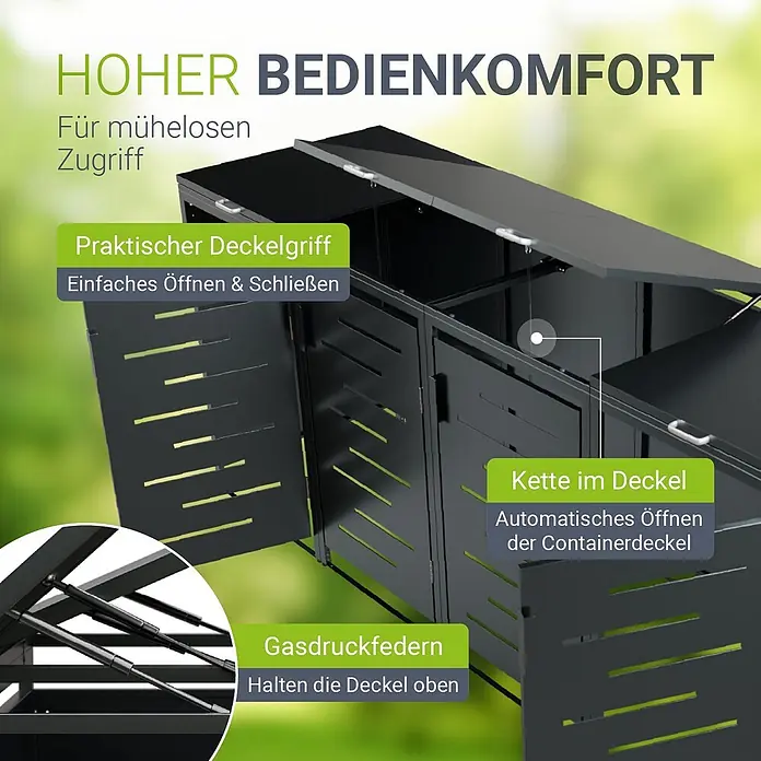 Juskys Mülltonnenbox Arel - 272 x 80 cm, Metall, Anthrazit, Geeignet für Anzahl Mülltonnen: 4 Stk. - Dunkelgraue Metall-Mülltonnenbox mit geöffnetem Deckel, Griff, Gasdruckfedern und Kette für automatisches Öffnen der Behälterdeckel.