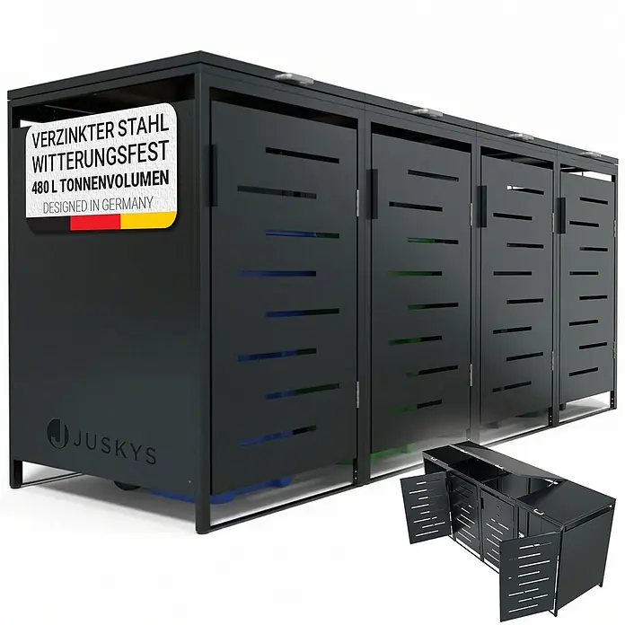 Juskys Mülltonnenbox Arel - 272 x 80 cm, Metall, Anthrazit, Geeignet für Anzahl Mülltonnen: 4 Stk. - Schwarze wetterfeste Mülltonnenbox aus verzinktem Stahl (480L) mit Lamellentüren, designed in Deutschland.