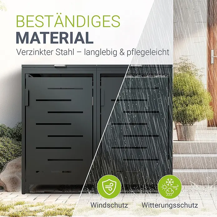 Juskys Mülltonnenbox Arel - 136 x 80 cm, Metall, Anthrazit, Geeignet für Anzahl Mülltonnen: 2 Stk. - Anthrazitfarbene Mülltonnenbox aus verzinktem Stahl, langlebig und wettergeschützt.