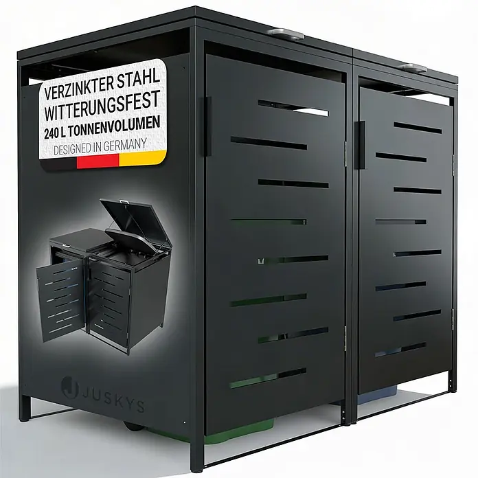 Juskys Mülltonnenbox Arel - 136 x 80 cm, Metall, Anthrazit, Geeignet für Anzahl Mülltonnen: 2 Stk. - Schwarze, wetterfeste Mülltonnenbox aus verzinktem Stahl, 240L Volumen, entworfen in Deutschland.