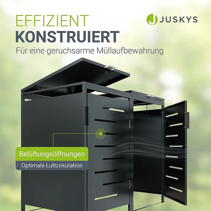 Juskys Mülltonnenbox Arel - 136 x 80 cm, Metall, Anthrazit, Geeignet für Anzahl Mülltonnen: 2 Stk. - Dunkelgraue Metall-Mülltonnenbox mit Lüftungsschlitzen für optimale Luftzirkulation und geruchsarme Abfalllagerung.