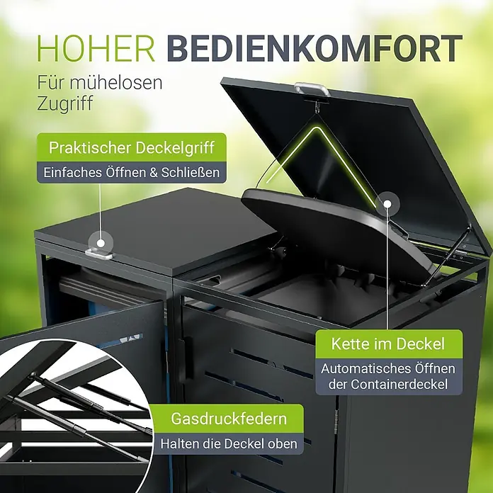 Juskys Mülltonnenbox Arel - 136 x 80 cm, Metall, Anthrazit, Geeignet für Anzahl Mülltonnen: 2 Stk. - Dunkelgraue Metallbox für Mülltonnen mit komfortablem Deckelgriff, Gasdruckfedern und Kette für leichtes, automatisches Öffnen und Halten des Deckels.