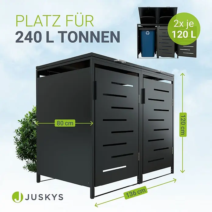 Juskys Mülltonnenbox Arel - 136 x 80 cm, Metall, Anthrazit, Geeignet für Anzahl Mülltonnen: 2 Stk. - Dunkelgraue Metall-Mülltonnenbox für zwei 120L oder eine 240L Tonne, 136x80x120 cm.